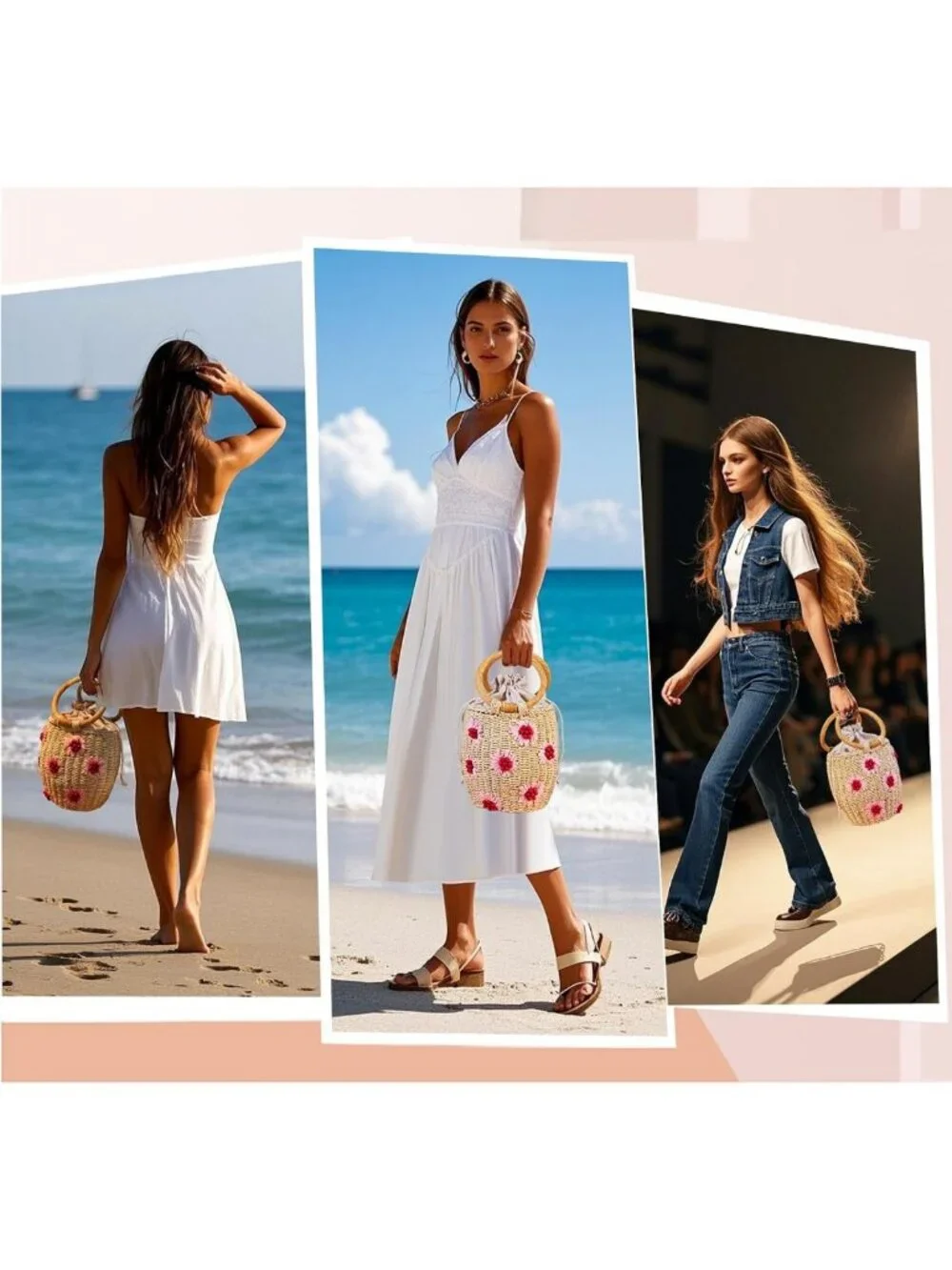 Chic Woven Straw Tote Bag with Flower Pearls & Diamonds - Summer Beach Essential